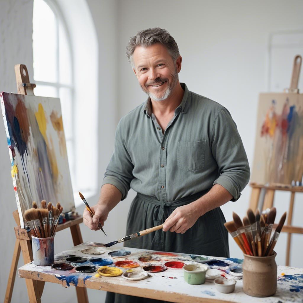 A stunning image of charming artist with paint brushes in an airy studio.
