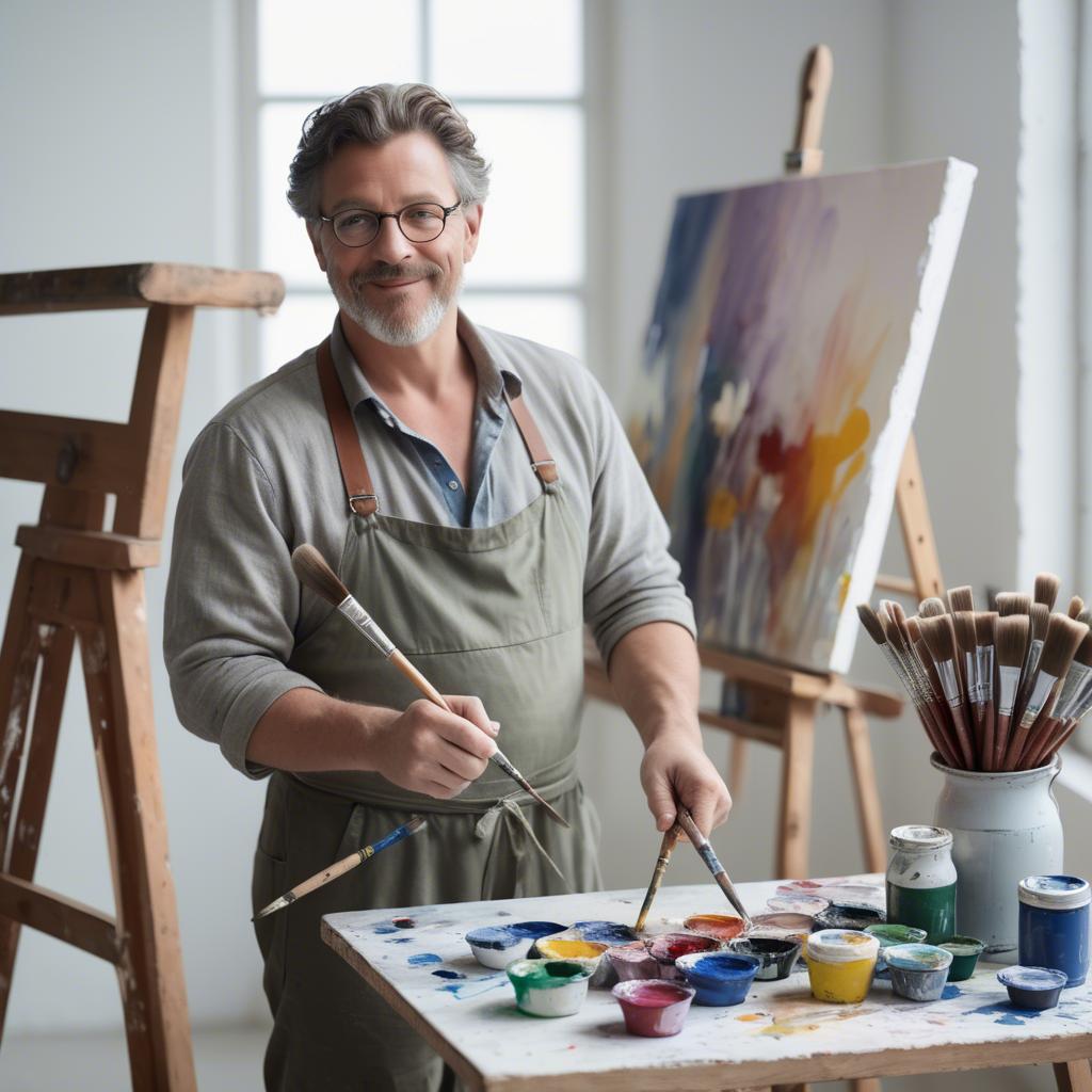 A stunning image of charming artist with paint brushes in an airy studio.