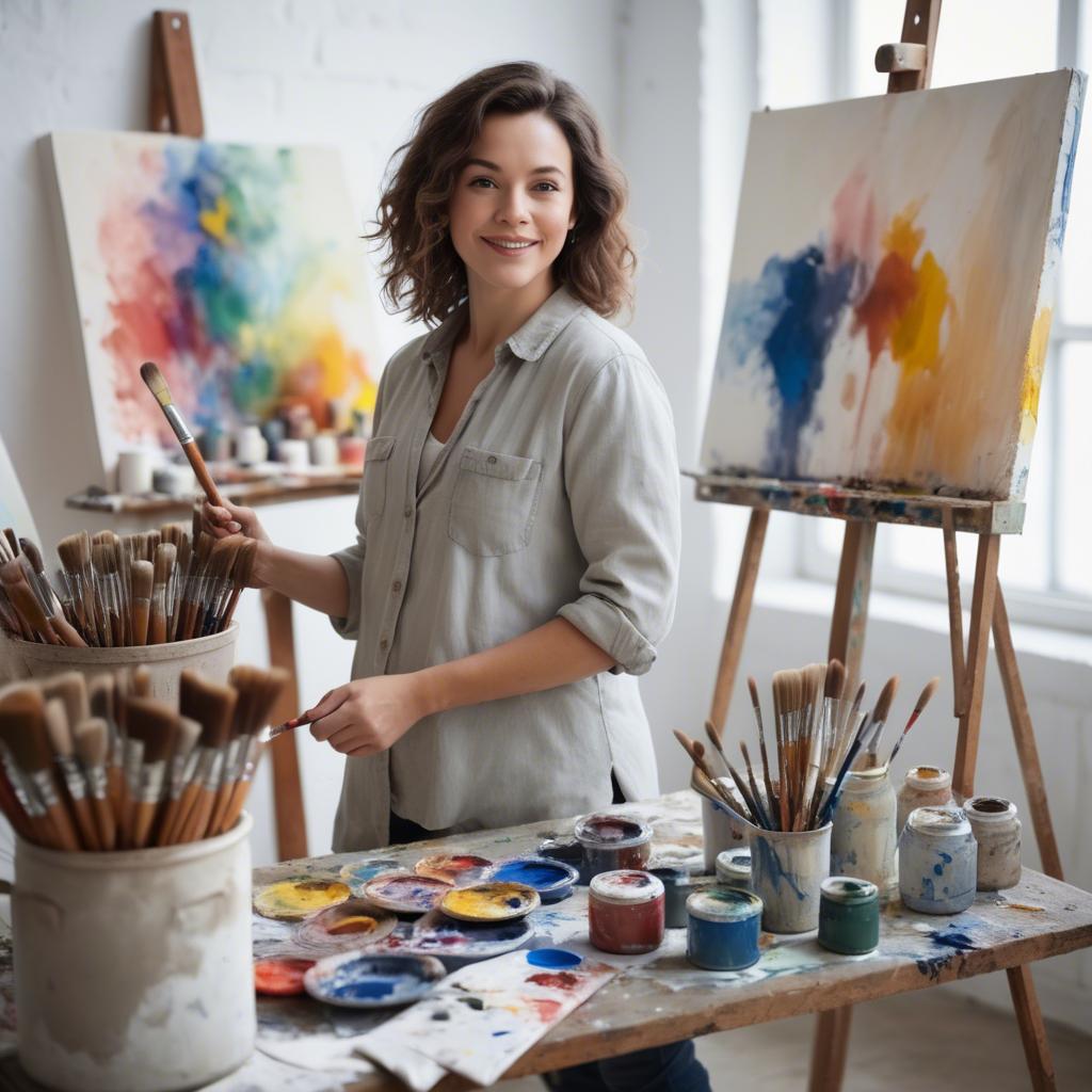 A stunning image of charming artist with paint brushes in an airy studio.