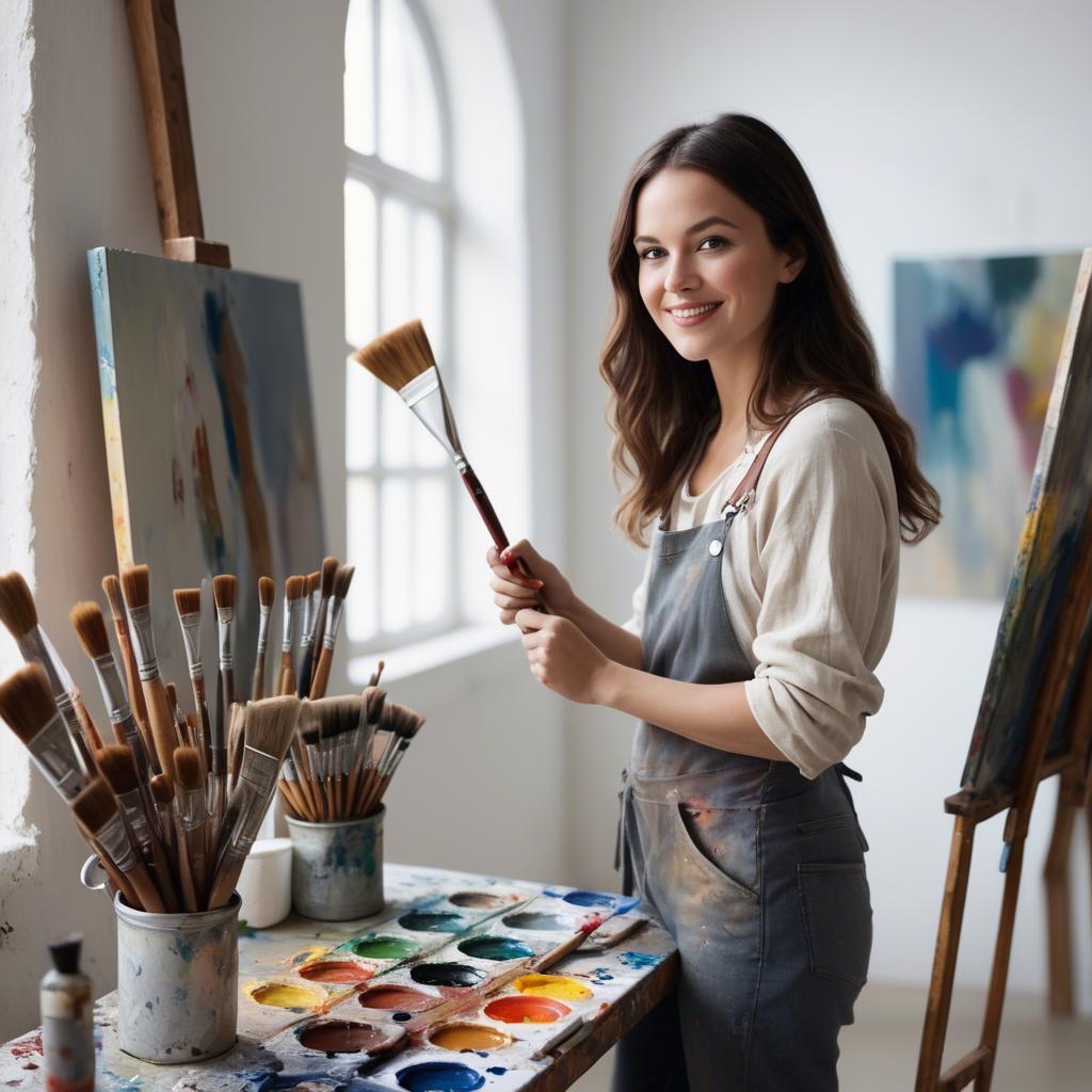 A stunning image of charming artist with paint brushes in an airy studio.