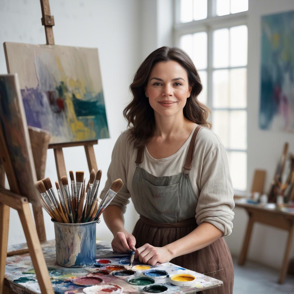 A stunning image of charming artist with paint brushes in an airy studio.