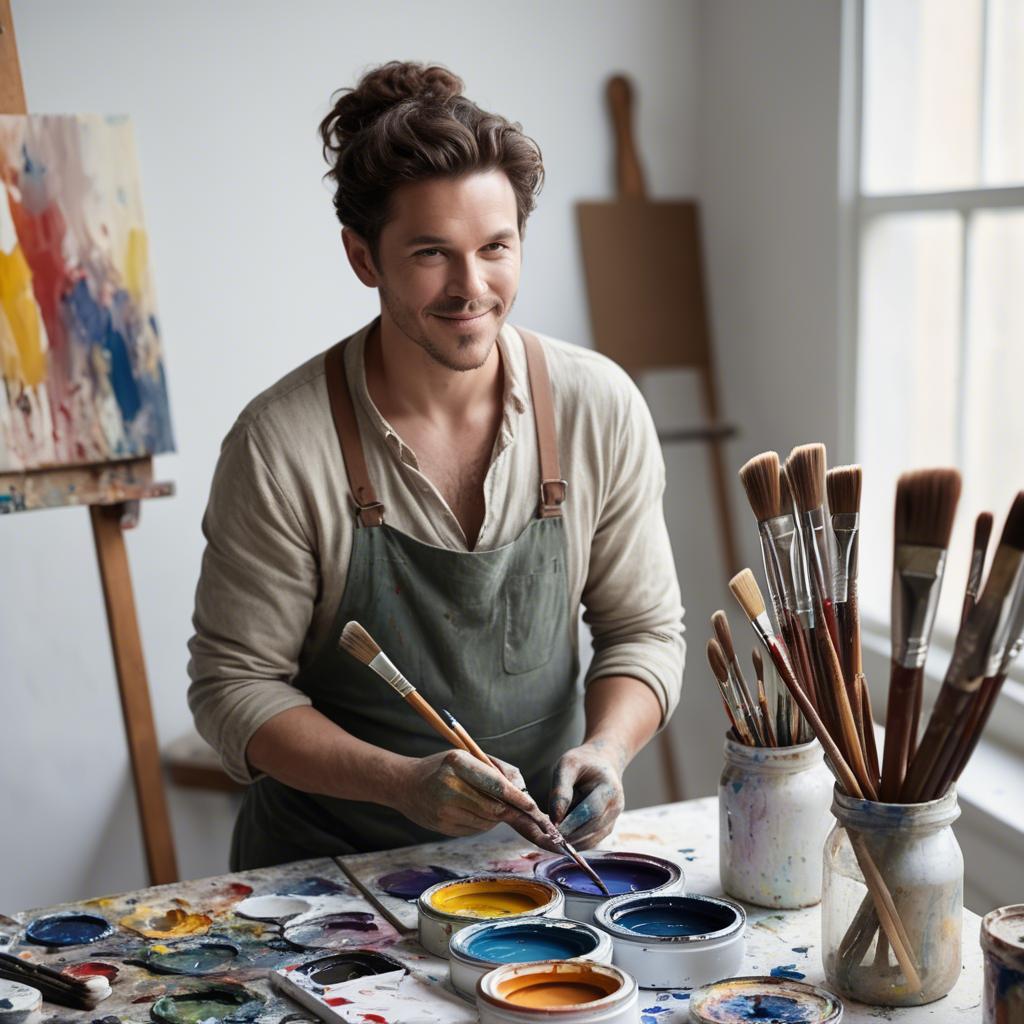 A stunning image of charming artist with paint brushes in an airy studio.