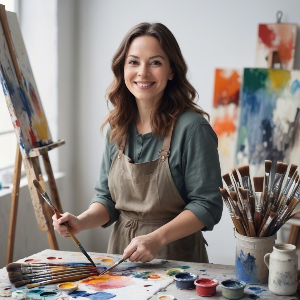A stunning image of charming artist with paint brushes in an airy studio.