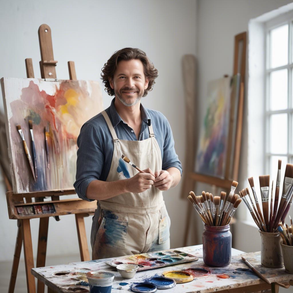 A stunning image of charming artist with paint brushes in an airy studio.