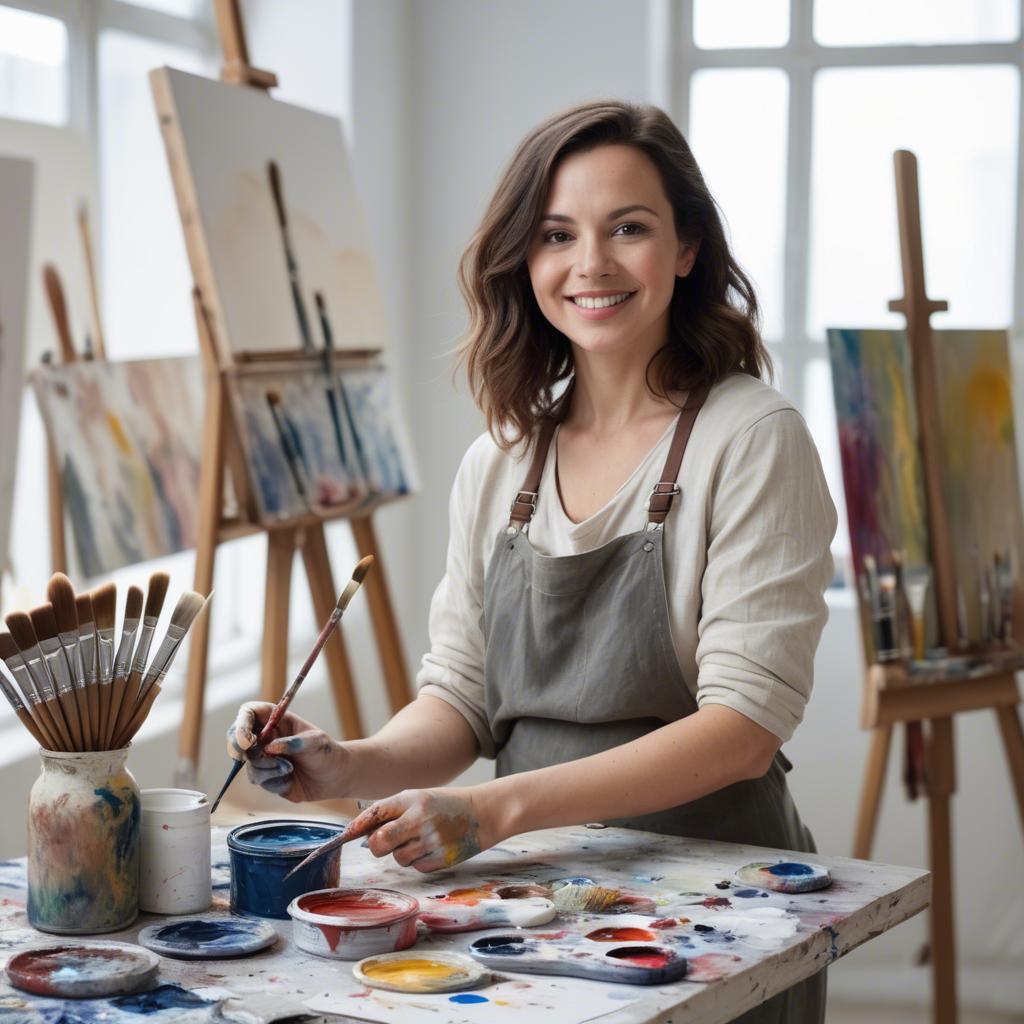 A stunning image of charming artist with paint brushes in an airy studio.