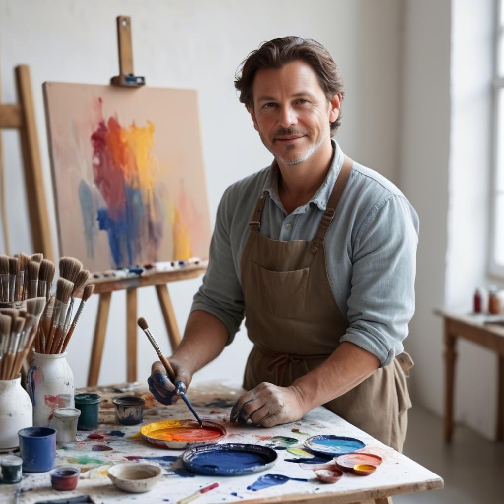 A stunning image of charming artist with paint brushes in an airy studio.
