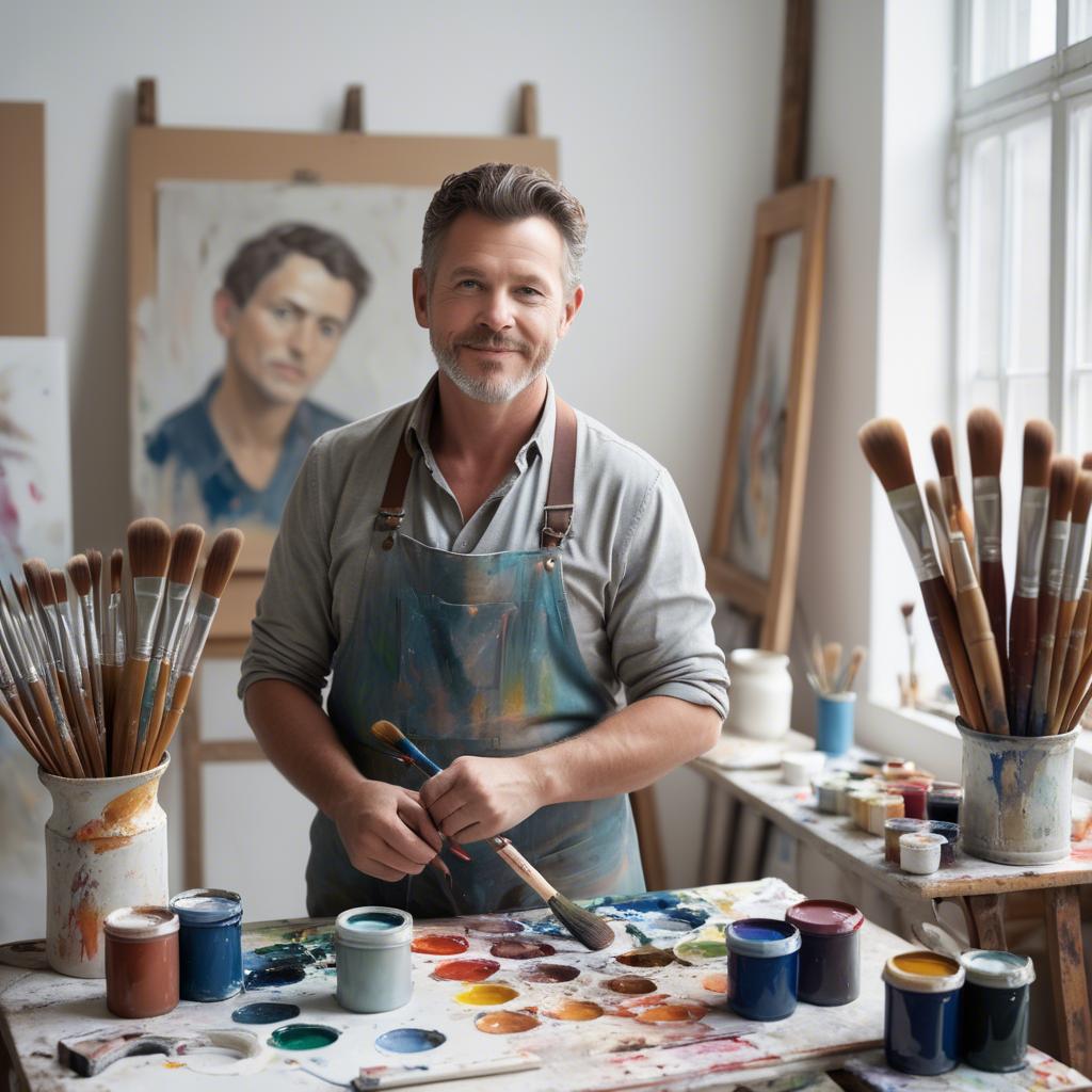 A stunning image of charming artist with paint brushes in an airy studio.