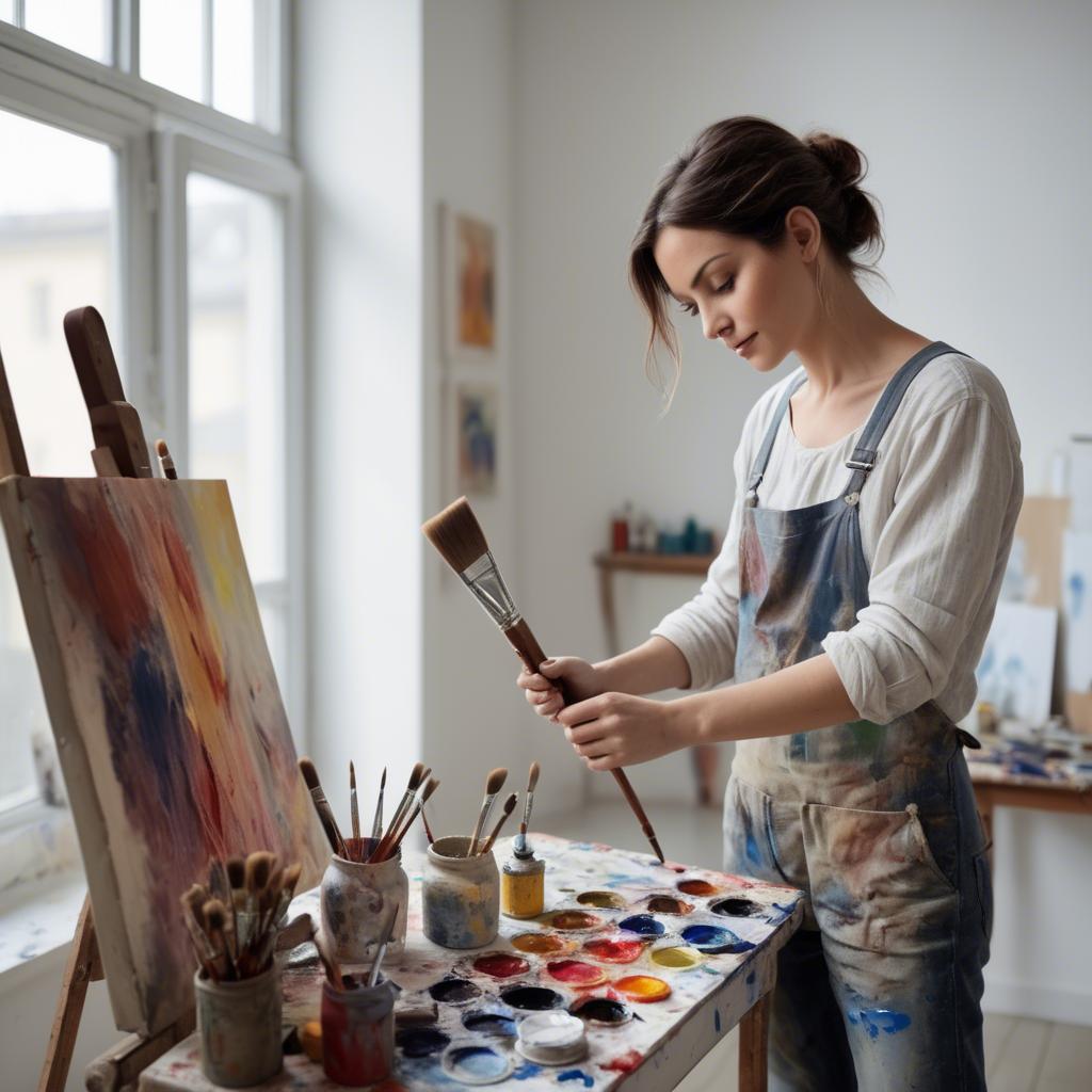 A stunning image of charming artist with paint brushes in an airy studio.