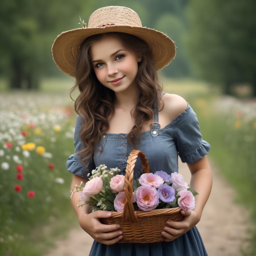 A stunning image of charming country girl with a basket of flowers.