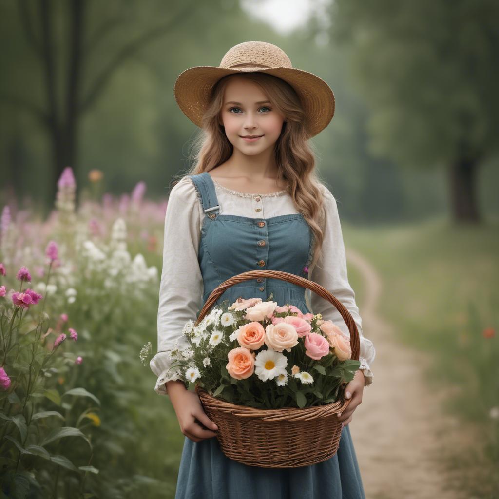 A stunning image of charming country girl with a basket of flowers.