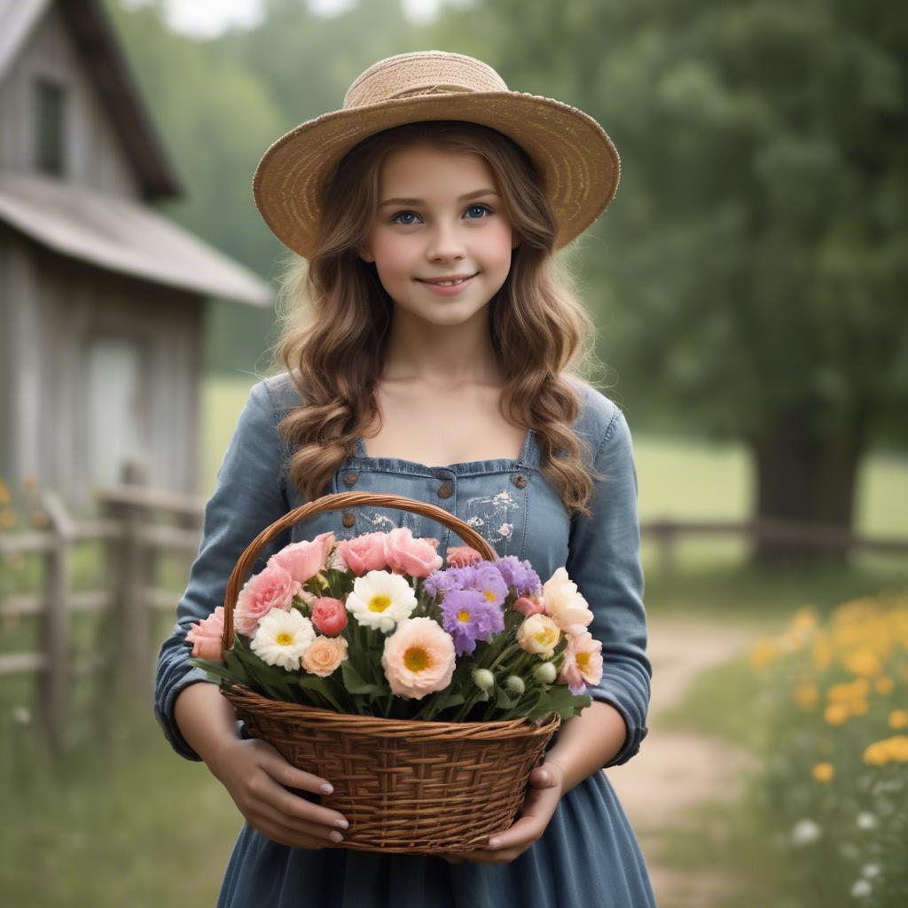 A stunning image of charming country girl with a basket of flowers.