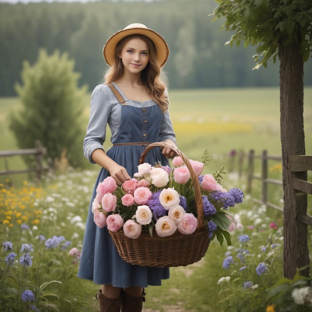 A stunning image of charming country girl with a basket of flowers.