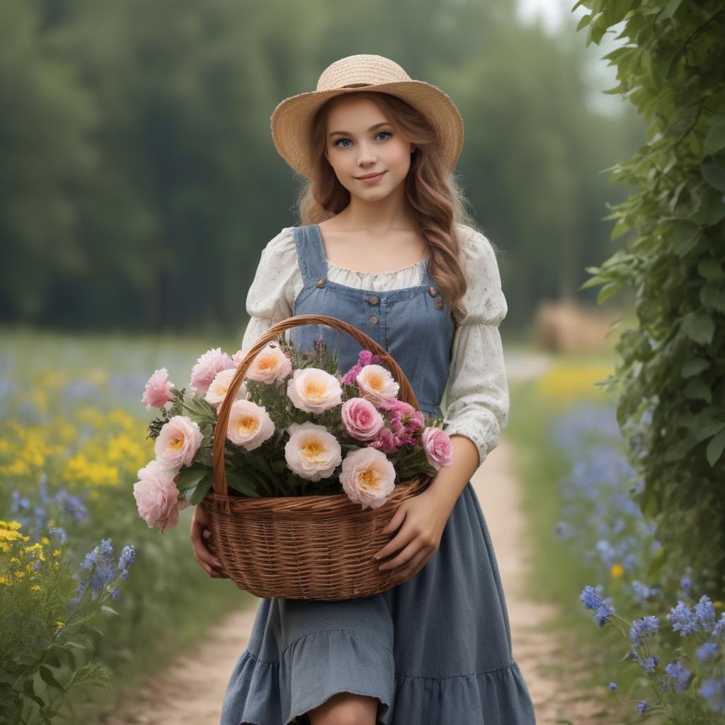 A stunning image of charming country girl with a basket of flowers.