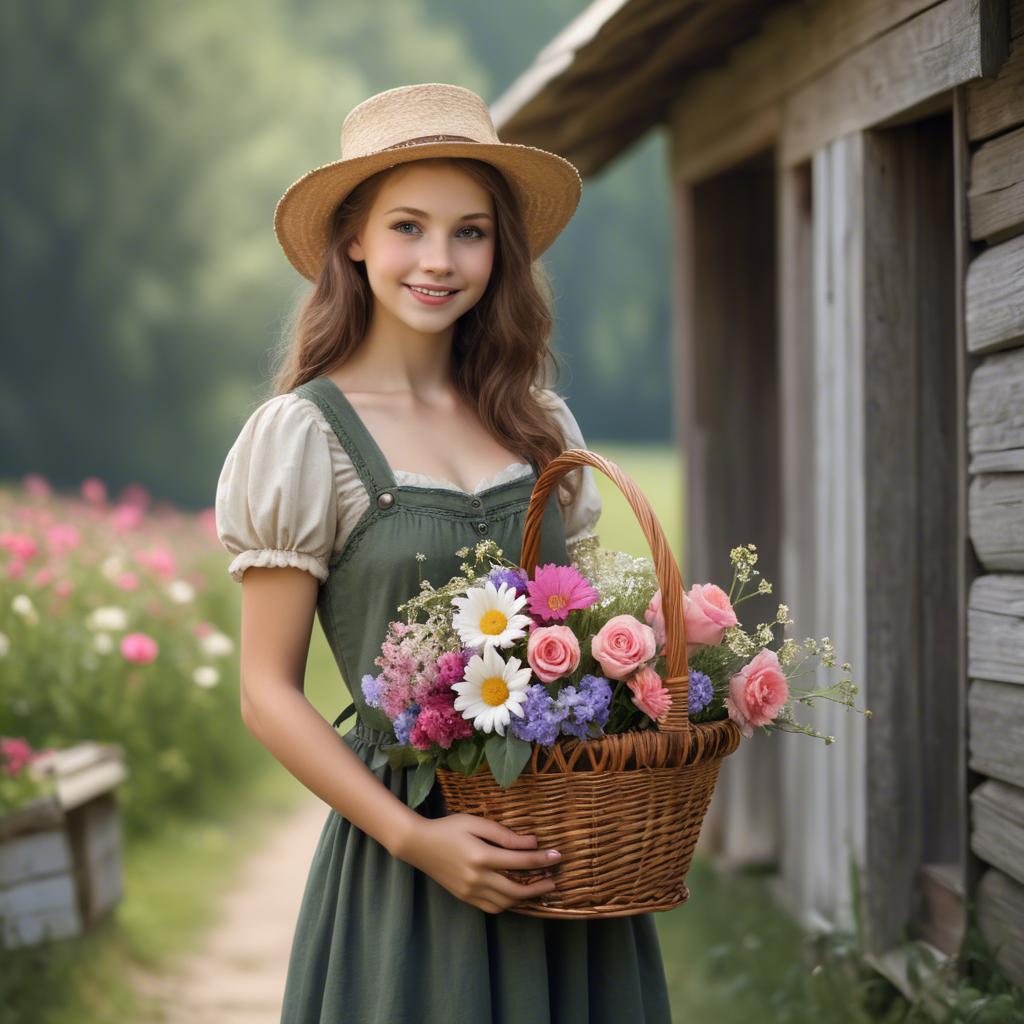 A stunning image of charming country girl with a basket of flowers.