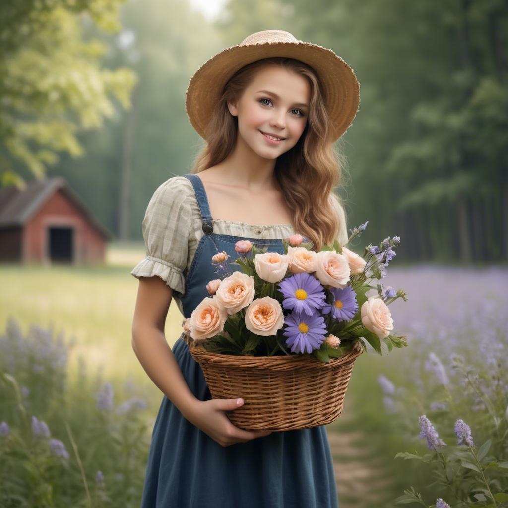 A stunning image of charming country girl with a basket of flowers.