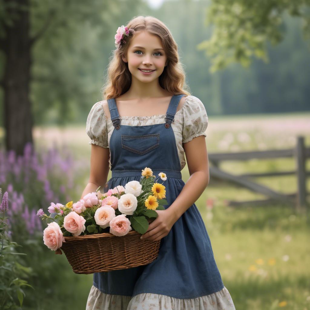 A stunning image of charming country girl with a basket of flowers.