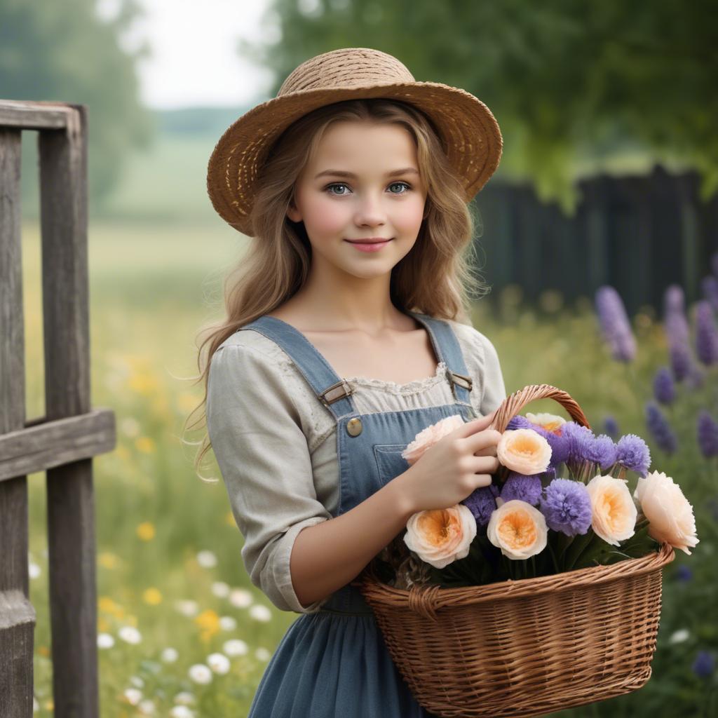 A stunning image of charming country girl with a basket of flowers.