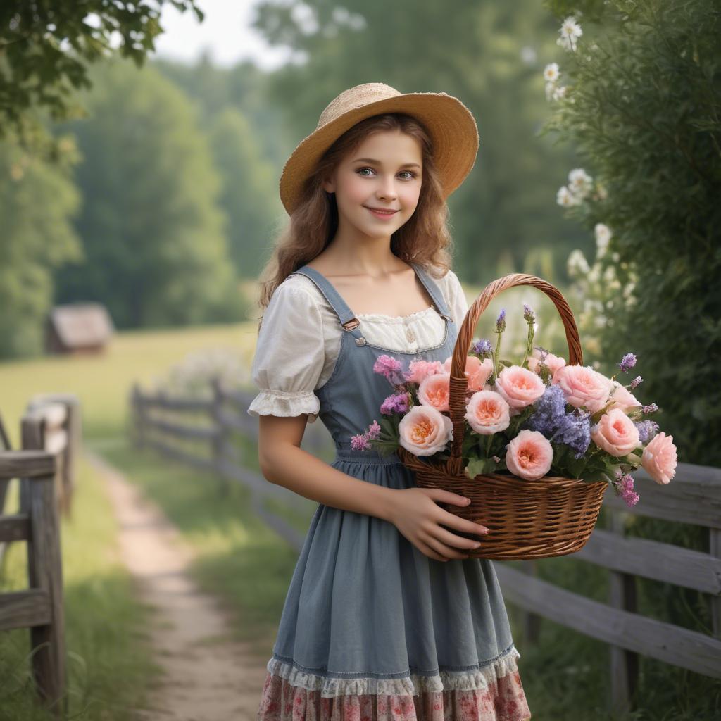 A stunning image of charming country girl with a basket of flowers.