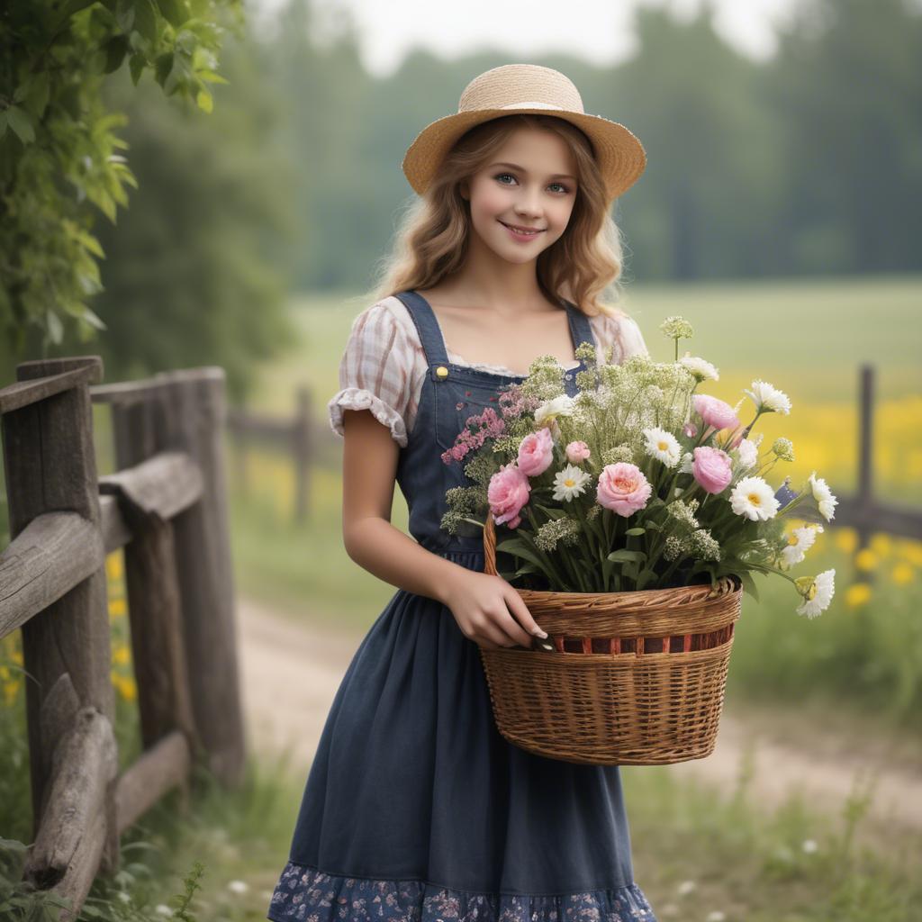 A stunning image of charming country girl with a basket of flowers.