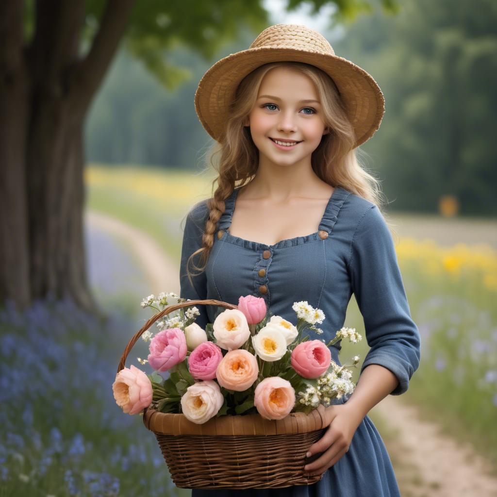 A stunning image of charming country girl with a basket of flowers.