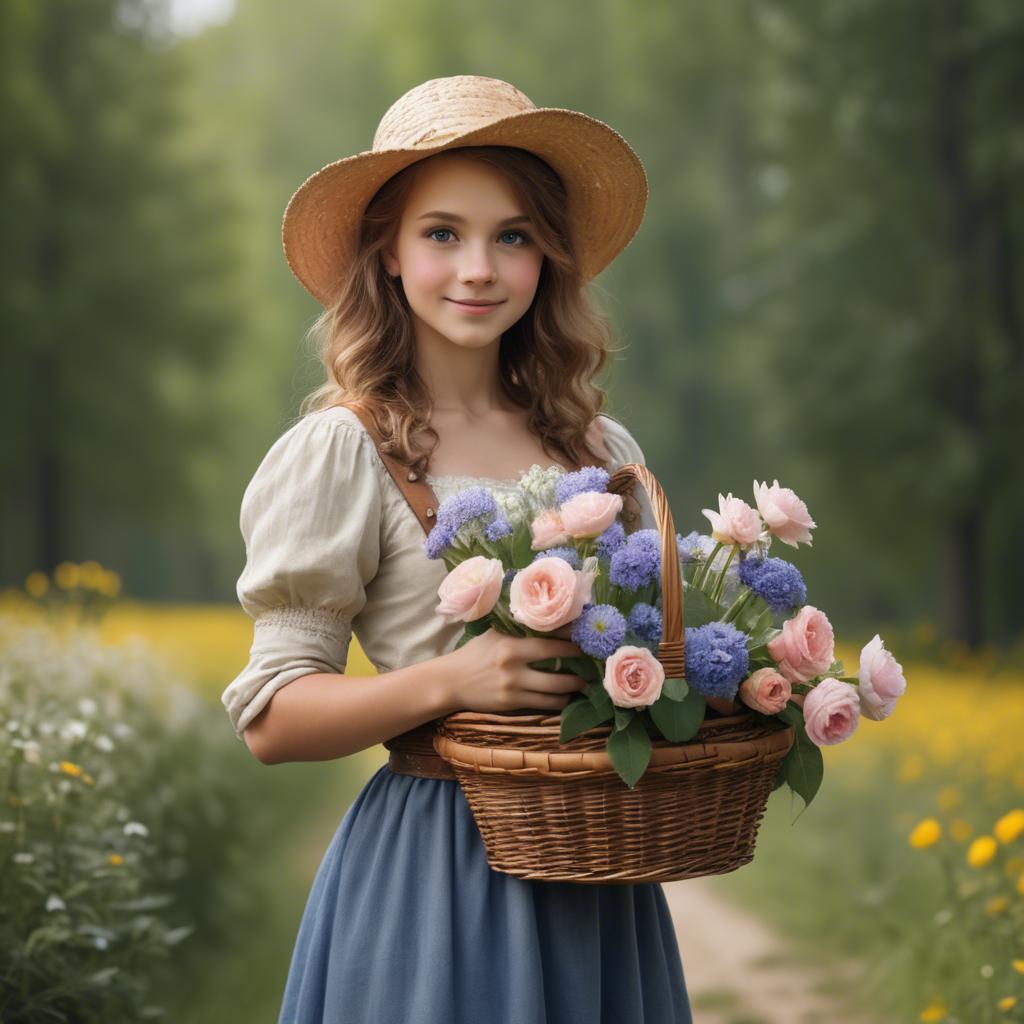 A stunning image of charming country girl with a basket of flowers.