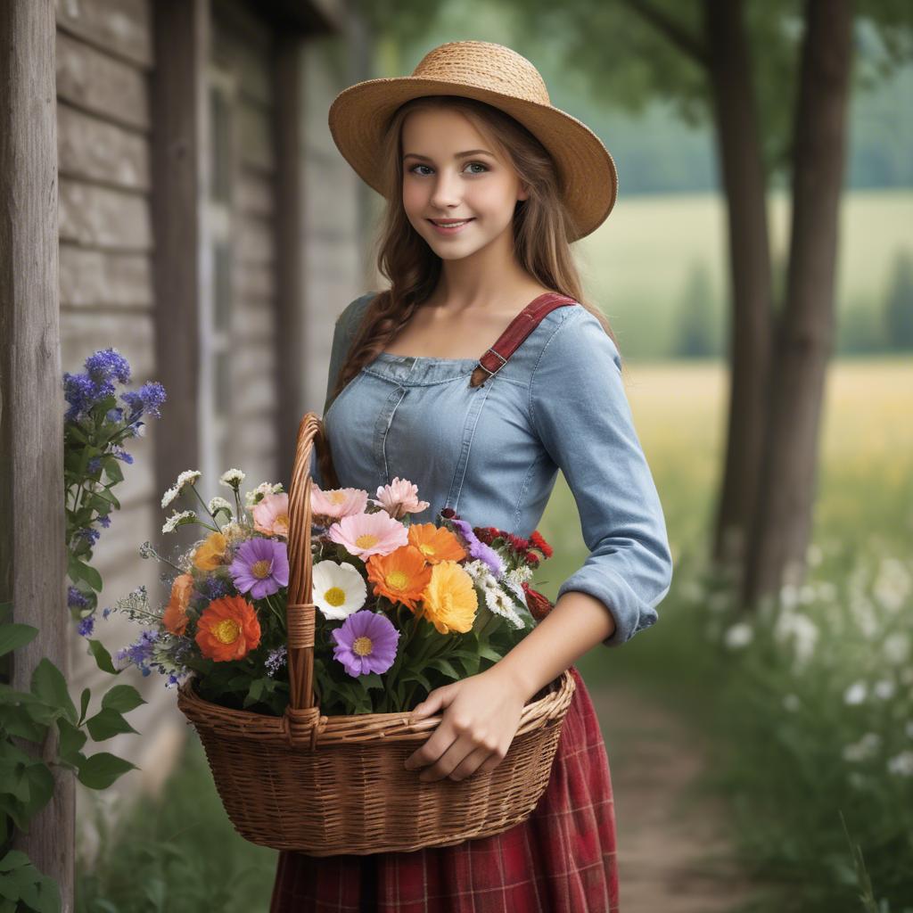 A stunning image of charming country girl with a basket of flowers.