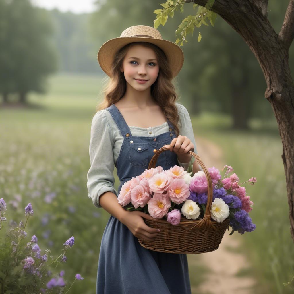 A stunning image of charming country girl with a basket of flowers.