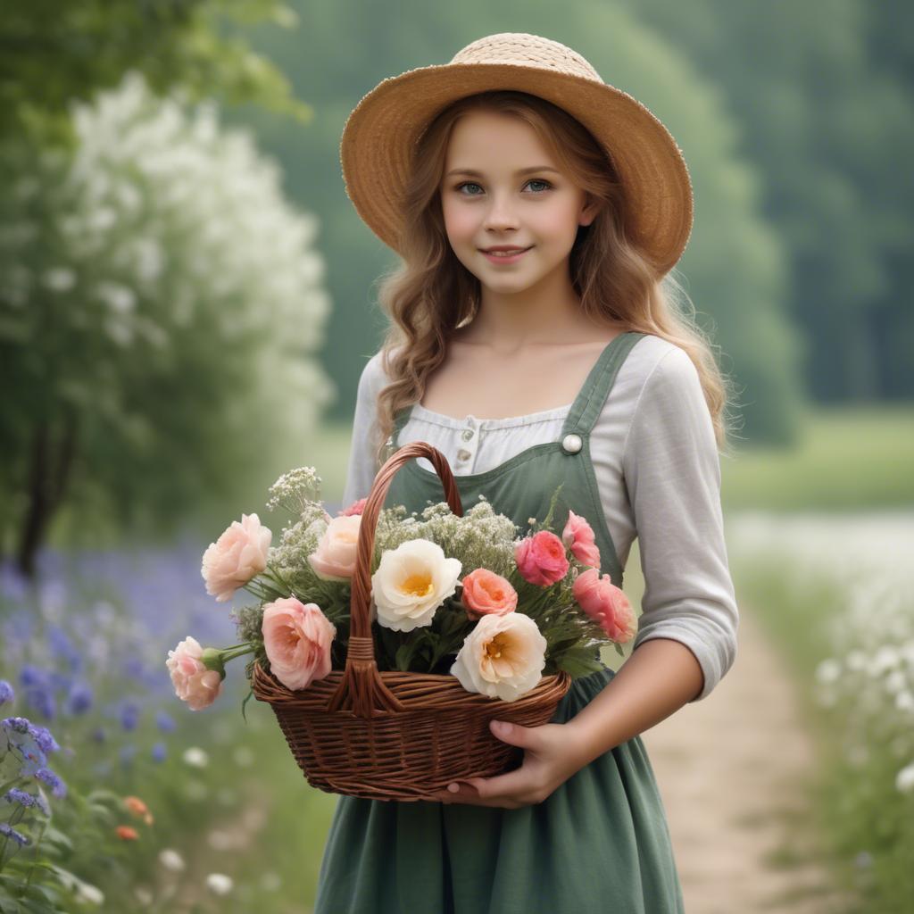 A stunning image of charming country girl with a basket of flowers.