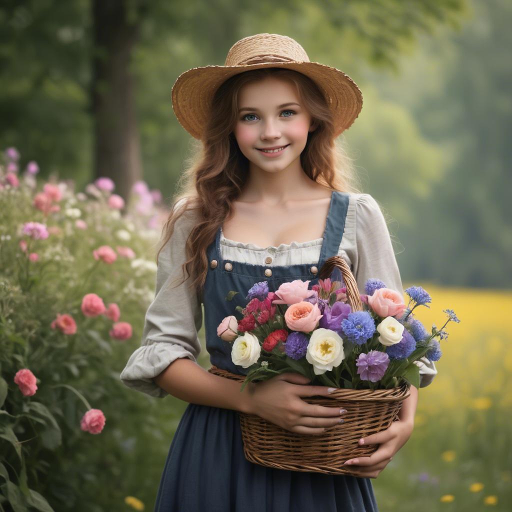 A stunning image of charming country girl with a basket of flowers.
