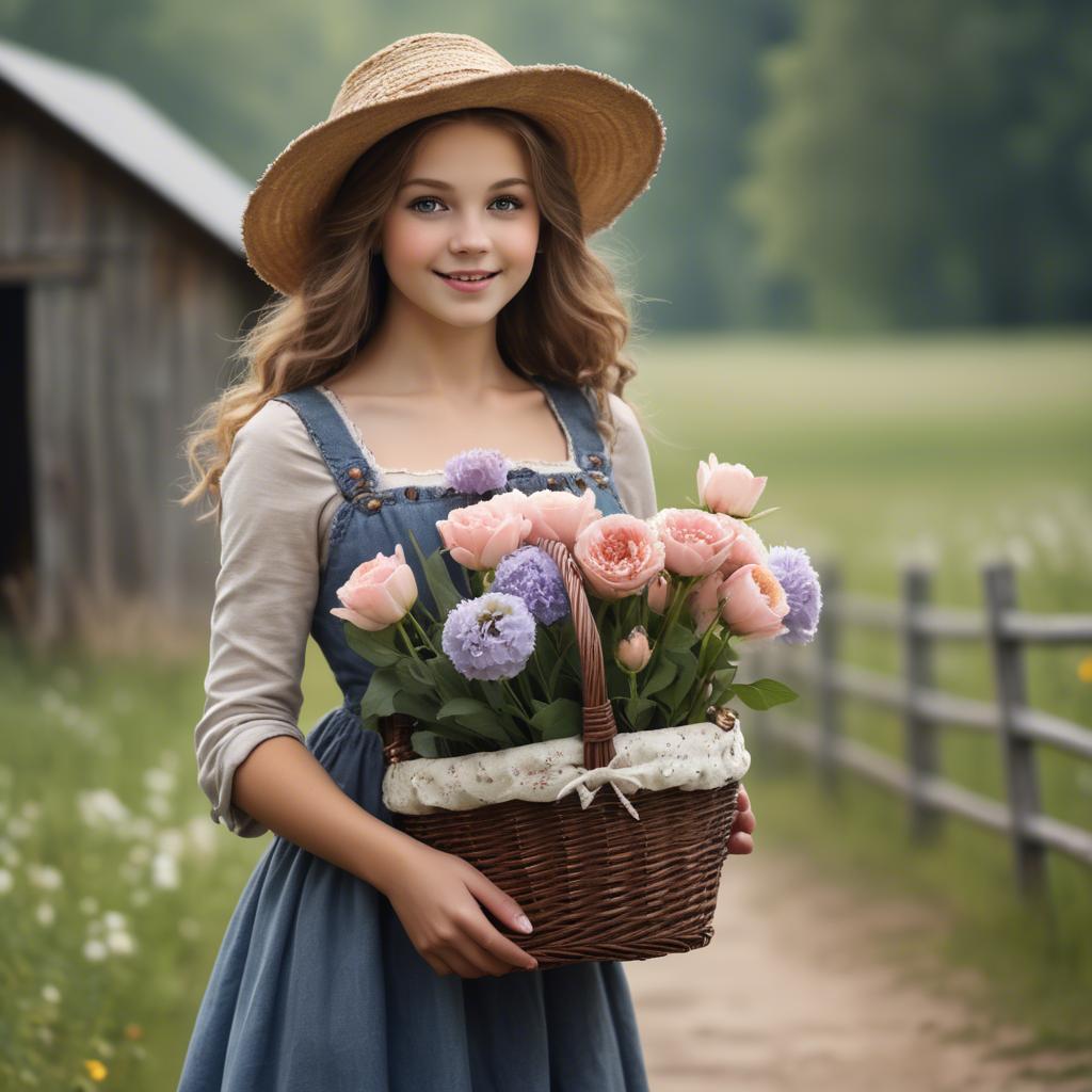A stunning image of charming country girl with a basket of flowers.