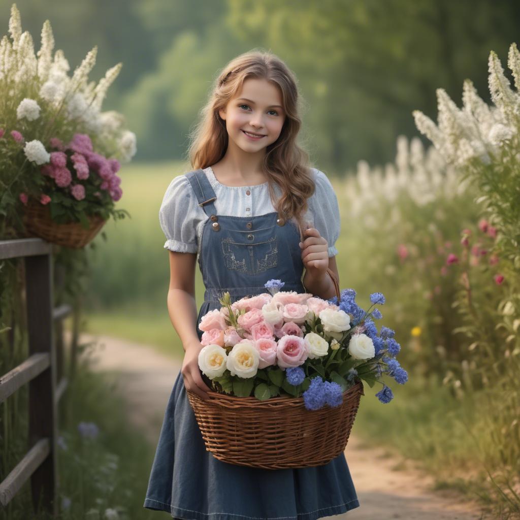 A stunning image of charming country girl with a basket of flowers.