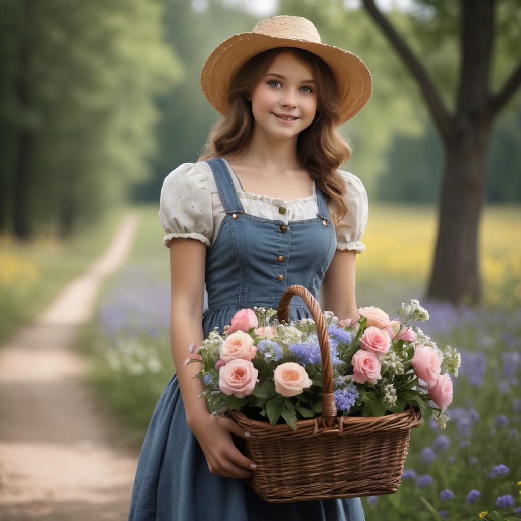 A stunning image of charming country girl with a basket of flowers.