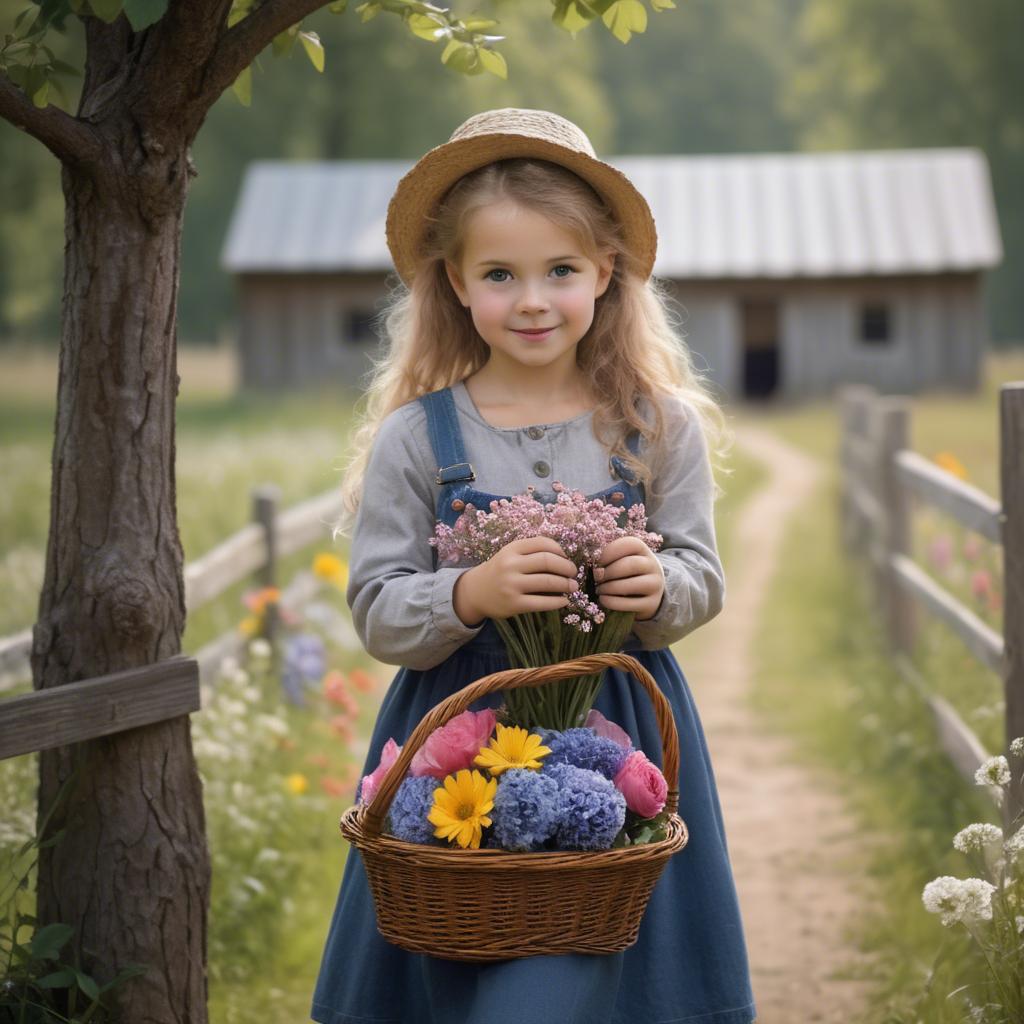 A stunning image of charming country girl with a basket of flowers.
