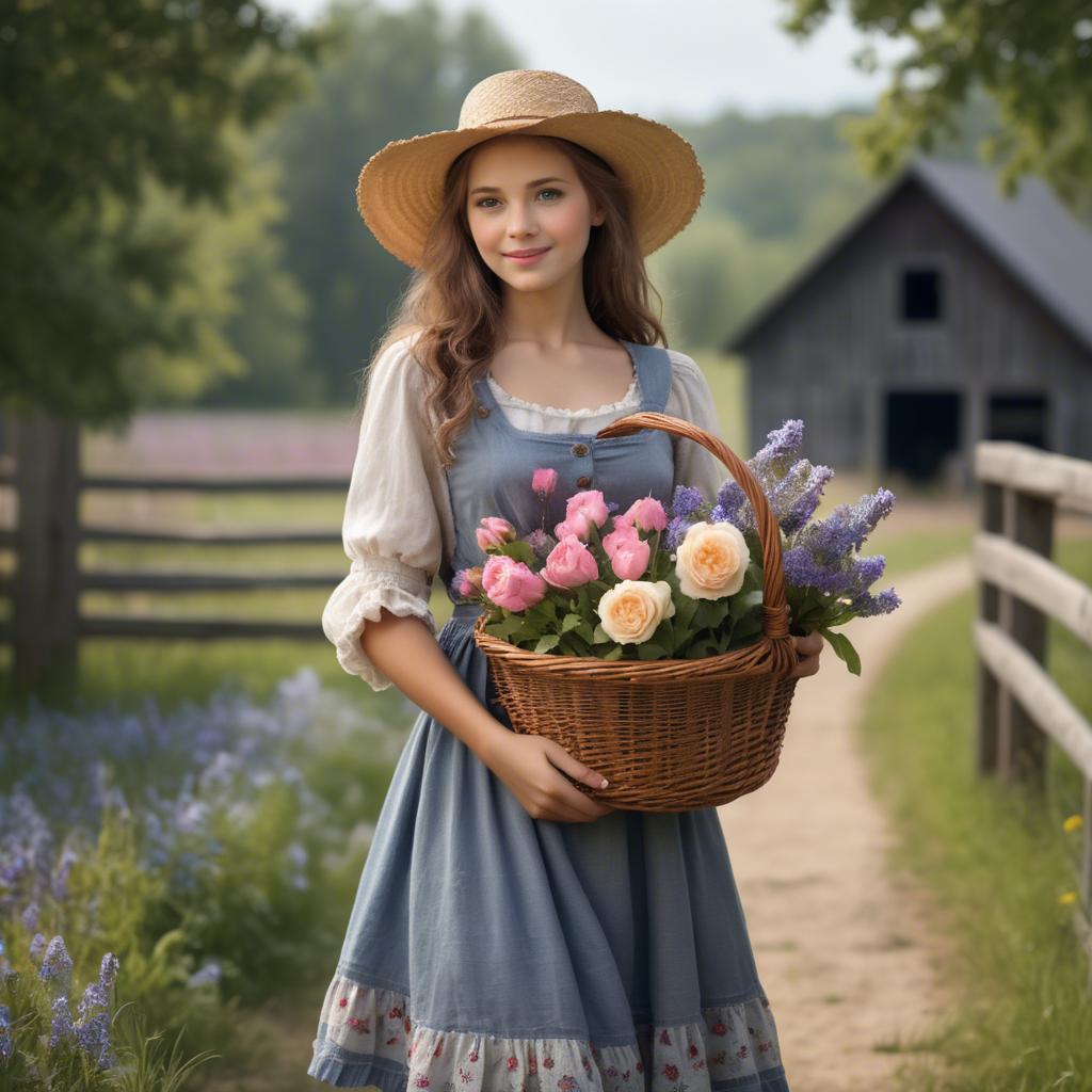 A stunning image of charming country girl with a basket of flowers.