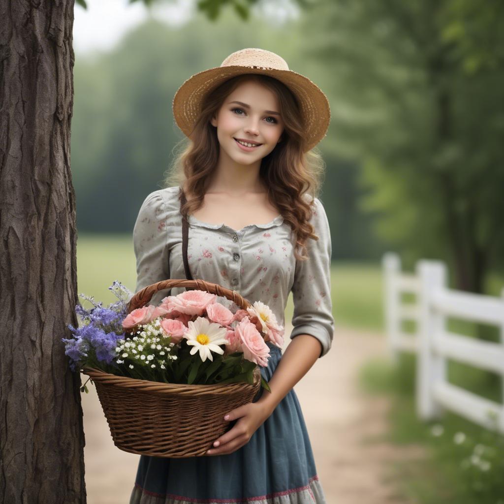 A stunning image of charming country girl with a basket of flowers.