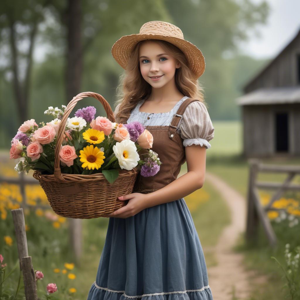 A stunning image of charming country girl with a basket of flowers.