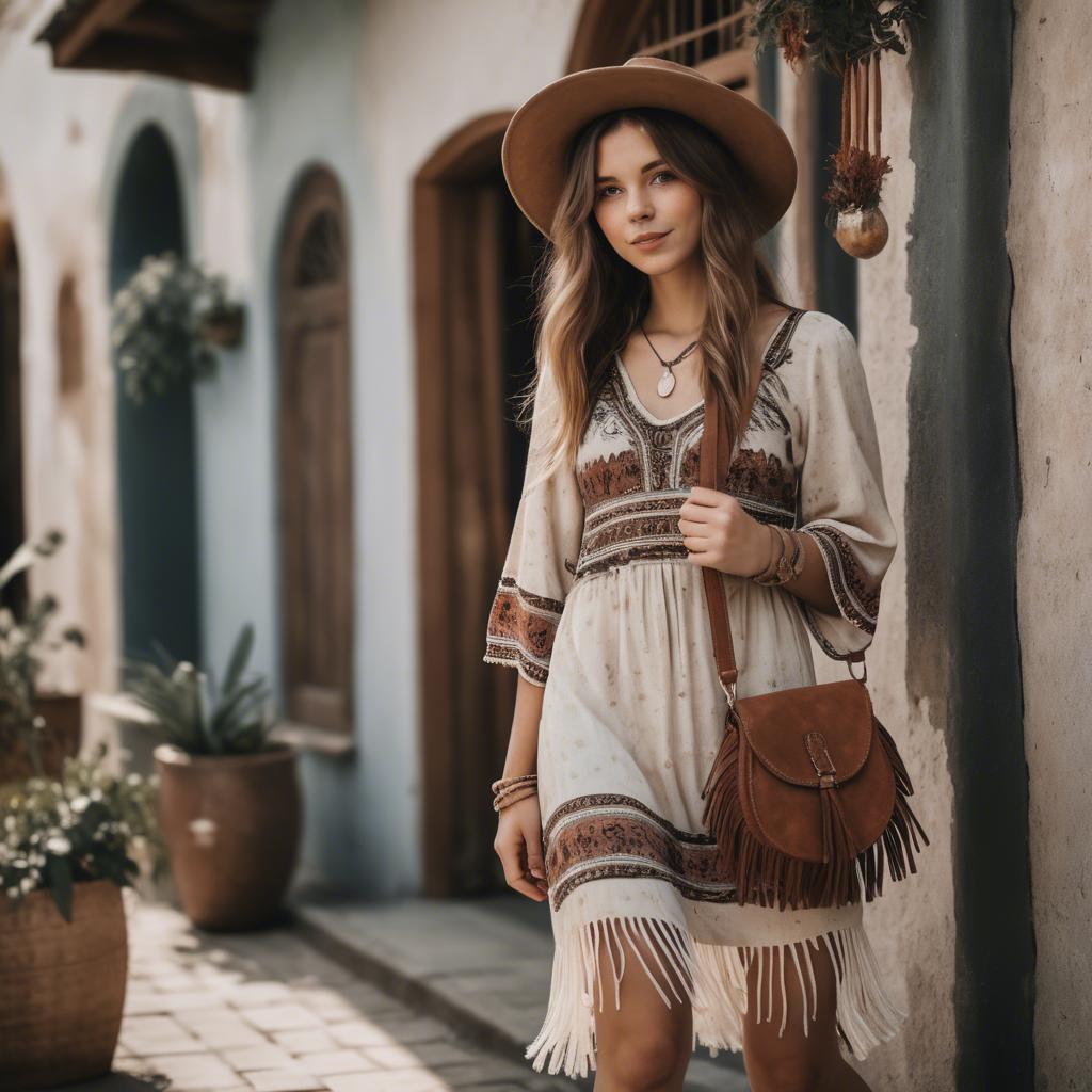A stunning image of charming girl in a boho dress with a fringe bag.