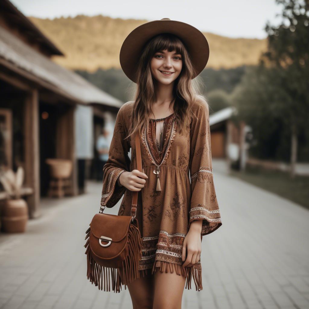 A stunning image of charming girl in a boho dress with a fringe bag.