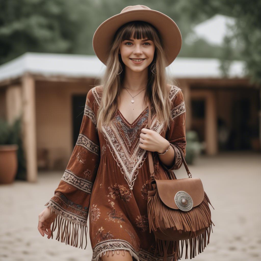 A stunning image of charming girl in a boho dress with a fringe bag.