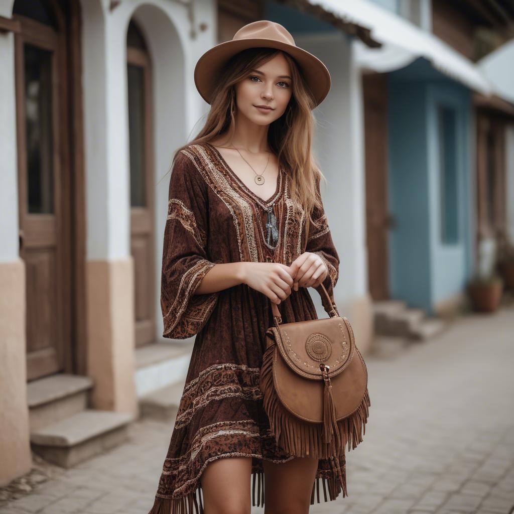A stunning image of charming girl in a boho dress with a fringe bag.