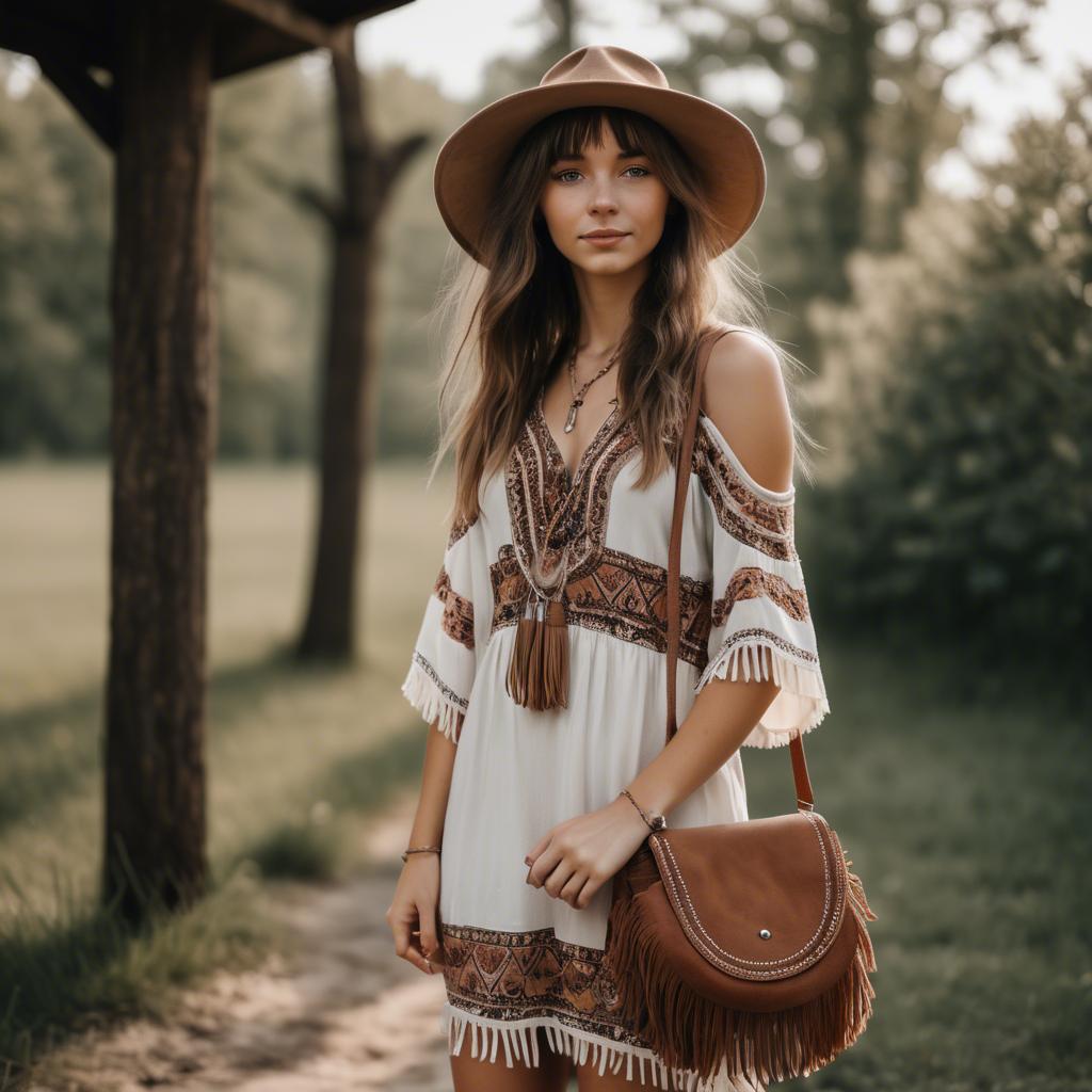 A stunning image of charming girl in a boho dress with a fringe bag.