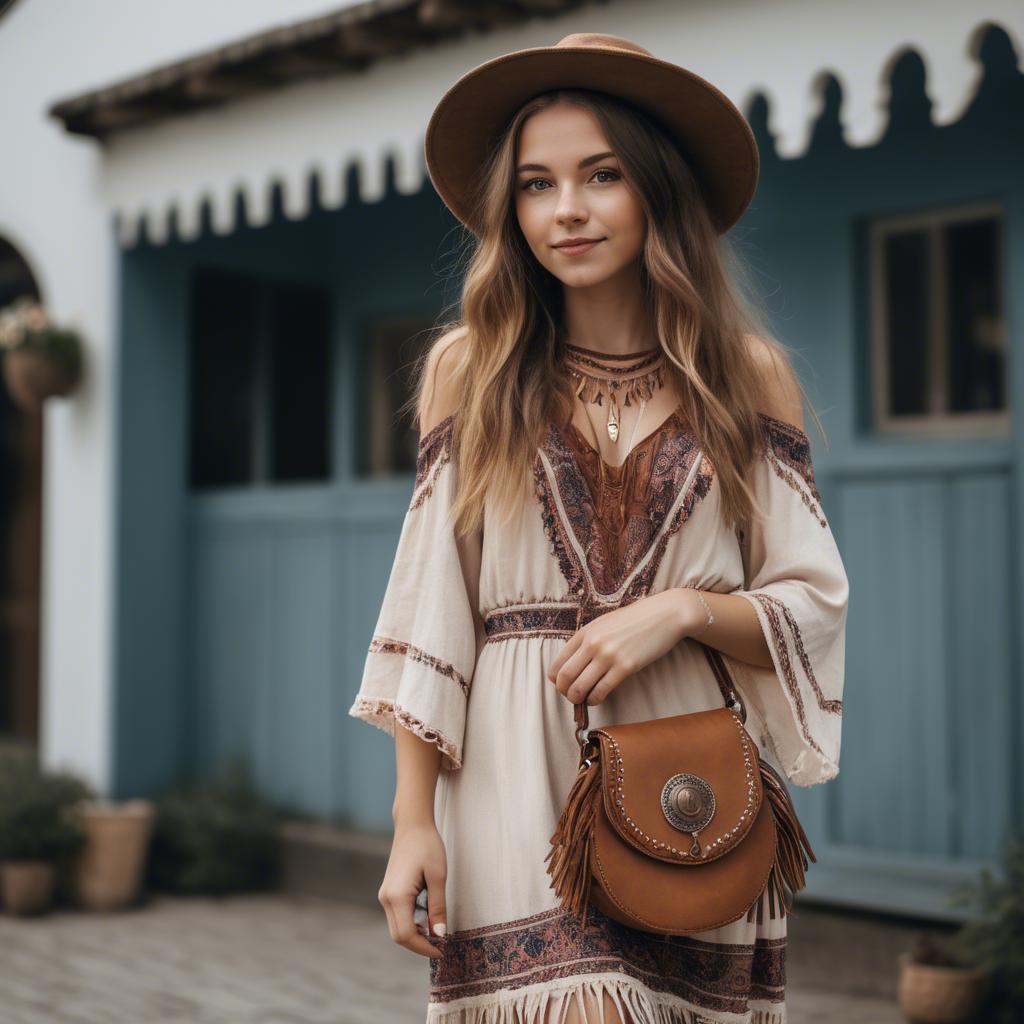 A stunning image of charming girl in a boho dress with a fringe bag.