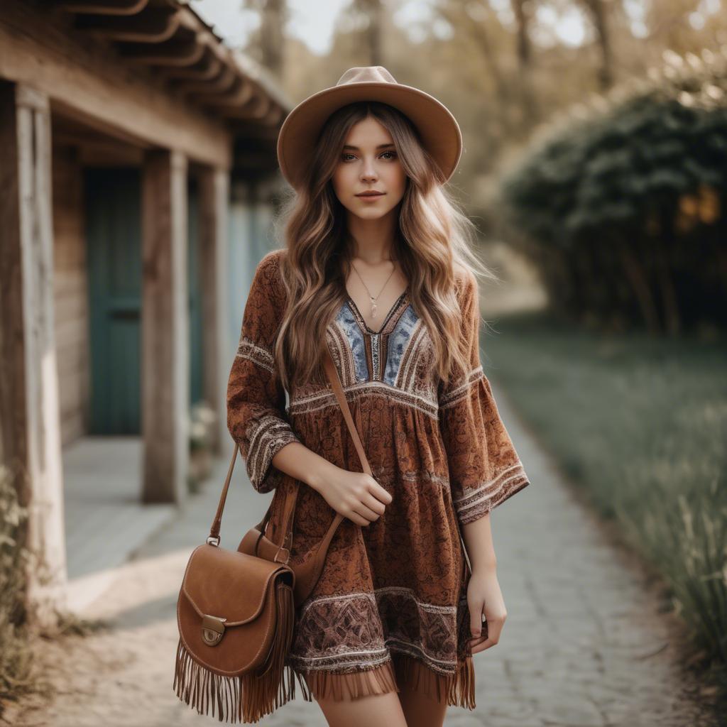 A stunning image of charming girl in a boho dress with a fringe bag.