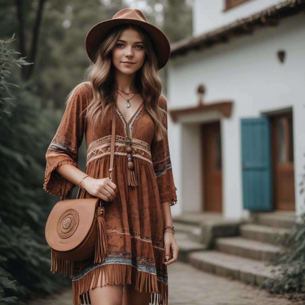 A stunning image of charming girl in a boho dress with a fringe bag.
