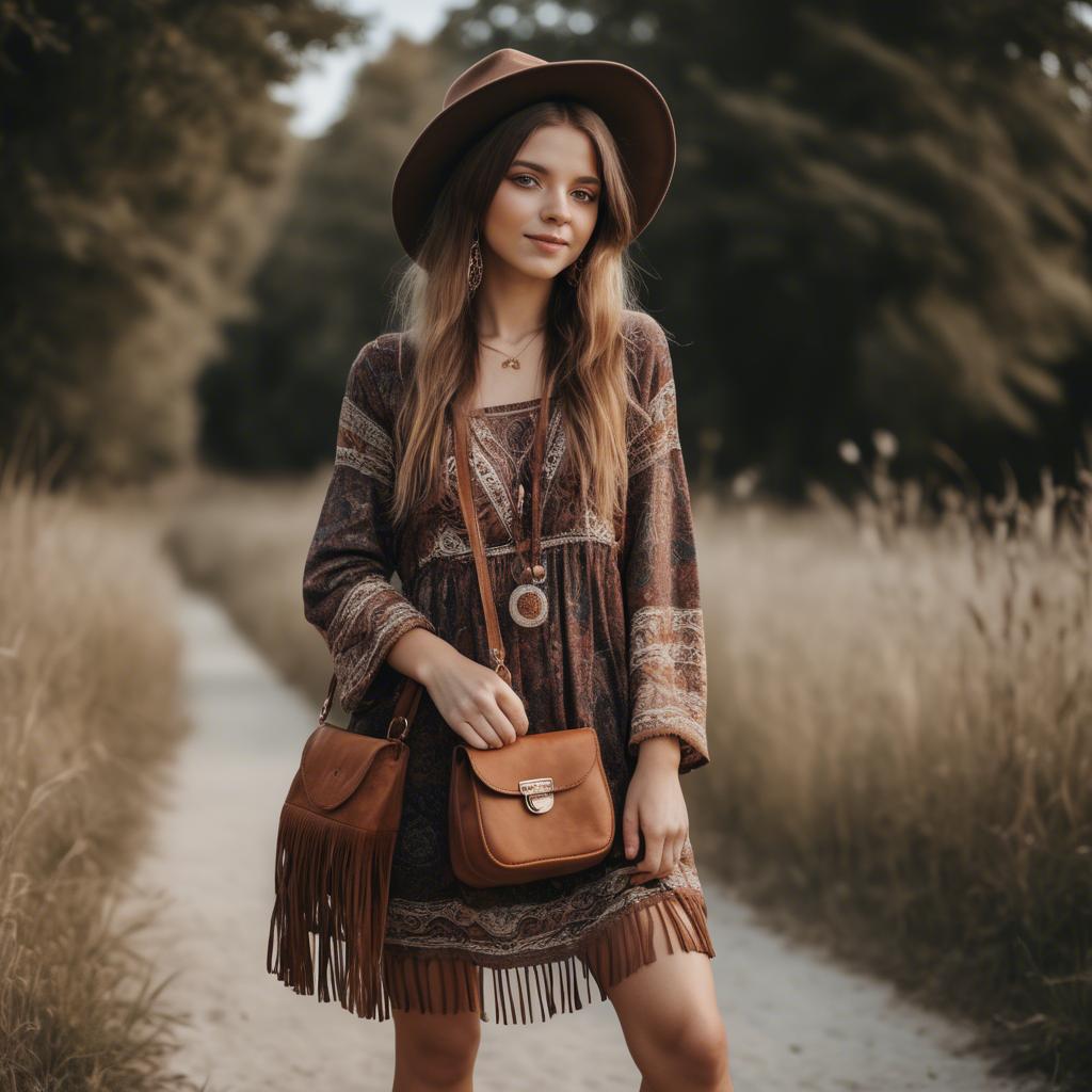 A stunning image of charming girl in a boho dress with a fringe bag.