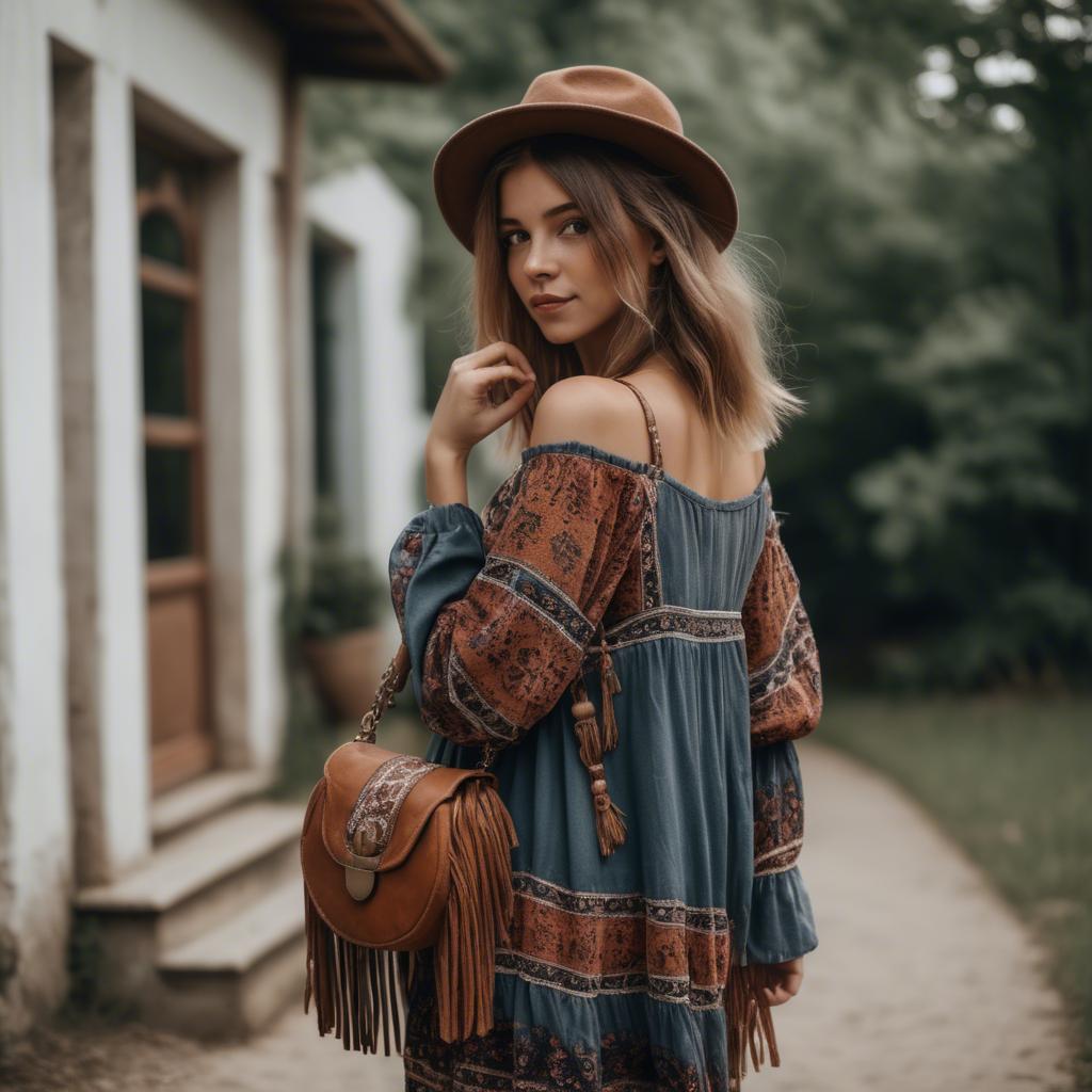 A stunning image of charming girl in a boho dress with a fringe bag.