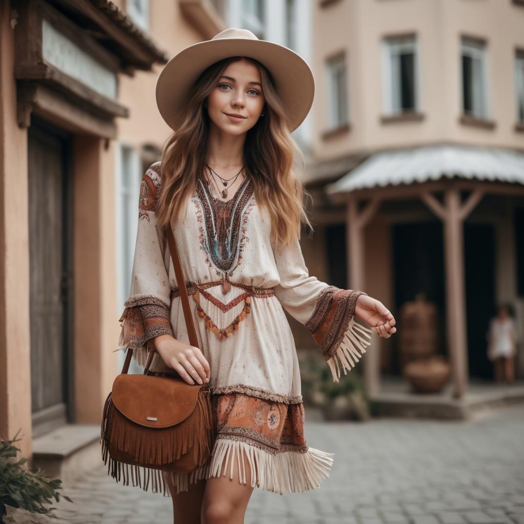 A stunning image of charming girl in a boho dress with a fringe bag.