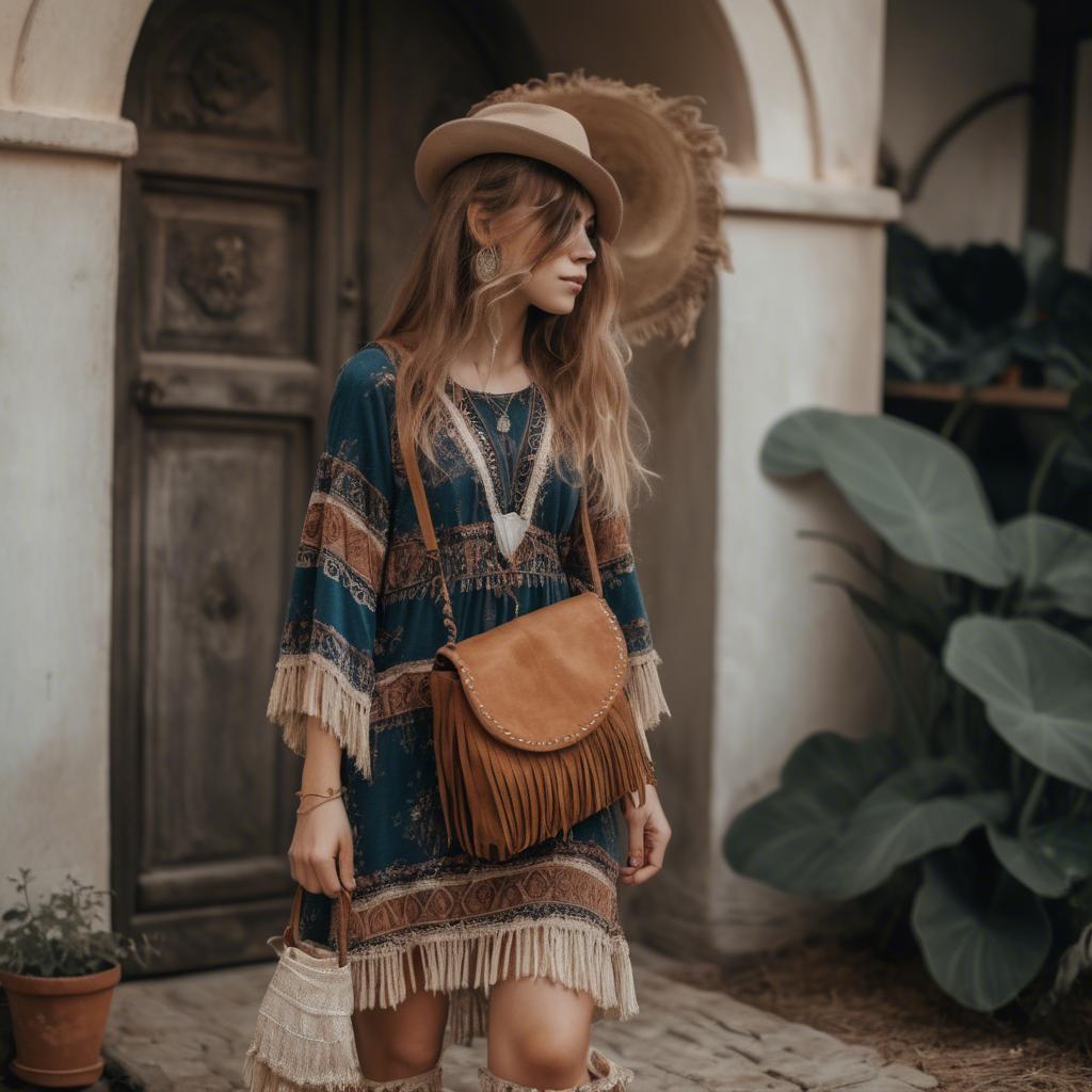 A stunning image of charming girl in a boho dress with a fringe bag.