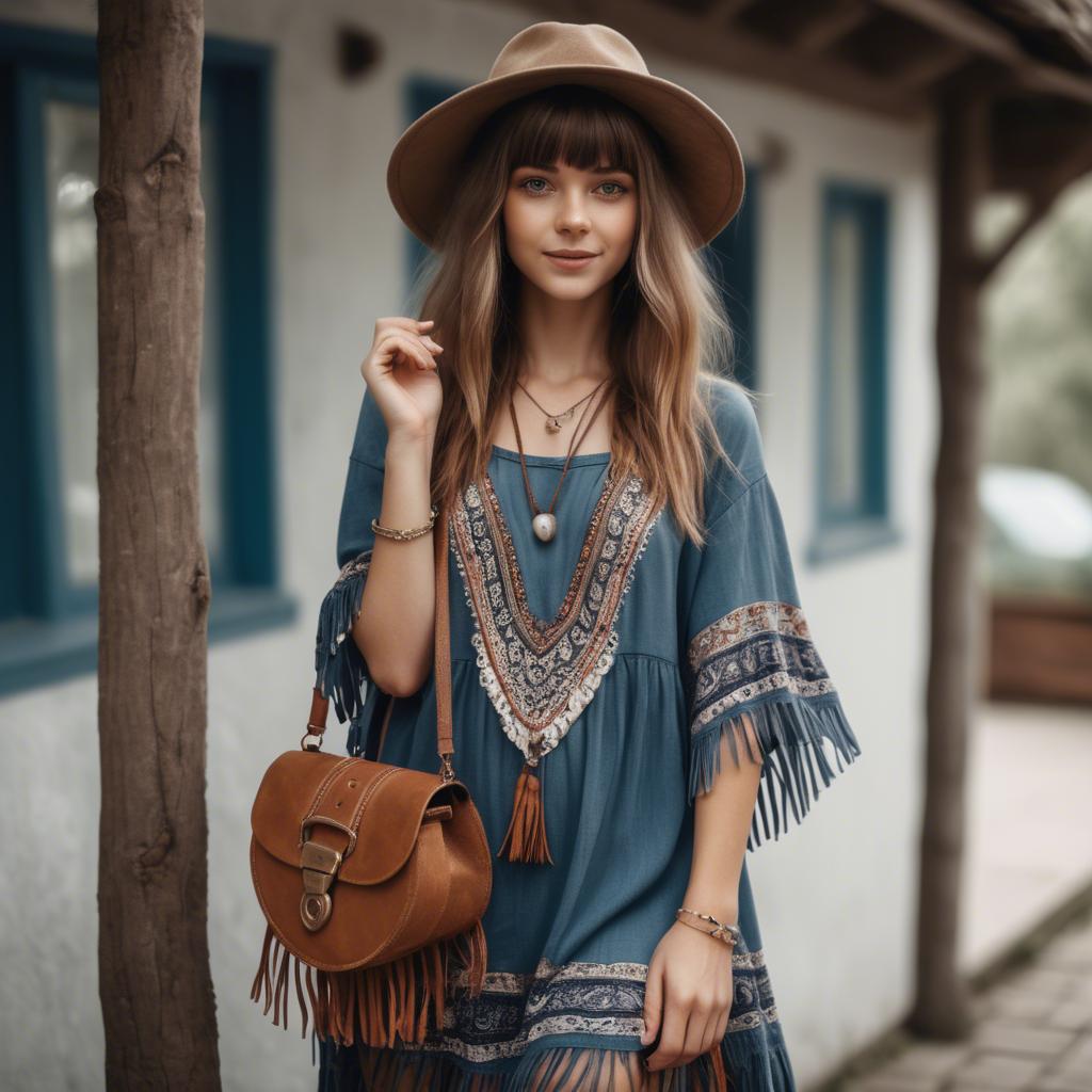 A stunning image of charming girl in a boho dress with a fringe bag.