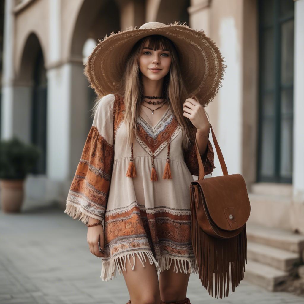 A stunning image of charming girl in a boho dress with a fringe bag.